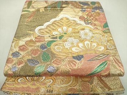 平和屋着物▼両面　六通柄袋帯　吉祥花松文　金銀糸　正絹　逸品　DABL5059ps