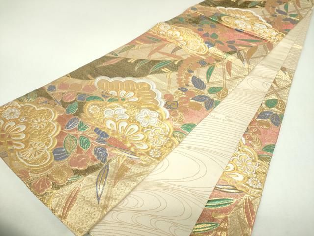 平和屋着物▼両面　六通柄袋帯　吉祥花松文　金銀糸　正絹　逸品　DABL5059ps