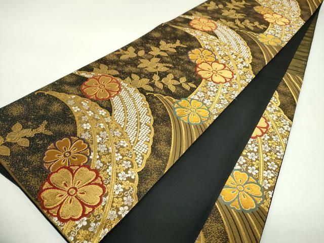 平和屋着物▼六通柄袋帯　立波花文　金銀糸　正絹　逸品　DABL5069ps
