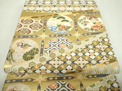 平和屋着物▼六通柄袋帯　唐織　王朝天絵　金糸　正絹　逸品　DABL5080ps