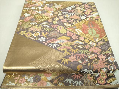 平和屋着物▼六通柄袋帯　唐織　松皮菱宝尽くし飛鶴花文　金糸　正絹　逸品　DABL5087ps