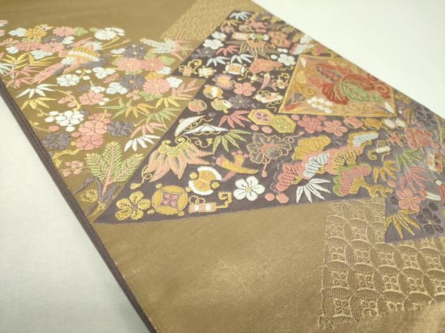 平和屋着物▼六通柄袋帯　唐織　松皮菱宝尽くし飛鶴花文　金糸　正絹　逸品　DABL5087ps