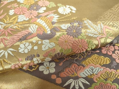 平和屋着物▼六通柄袋帯　唐織　松皮菱宝尽くし飛鶴花文　金糸　正絹　逸品　DABL5087ps