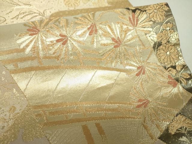 平和屋着物▼六通柄袋帯　色紙重ね渡橋飛鶴花文　金糸　正絹　逸品　DABL5091ps