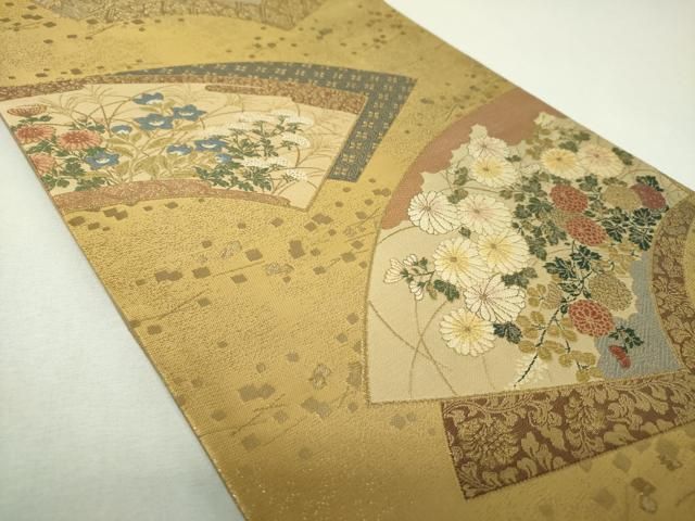 平和屋着物▼両方向　両面　全通柄袋帯　正倉院裂華紋　慶扇四季草花紋　金糸　正絹　逸品　DABL5096ps