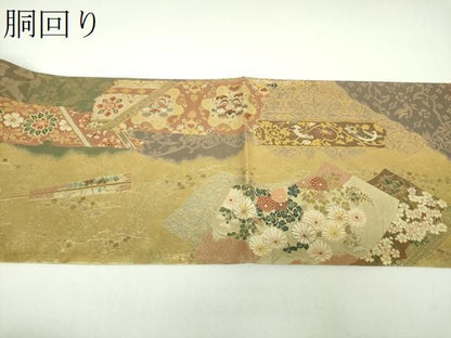 平和屋着物▼両方向　両面　全通柄袋帯　正倉院裂華紋　慶扇四季草花紋　金糸　正絹　逸品　DABL5096ps