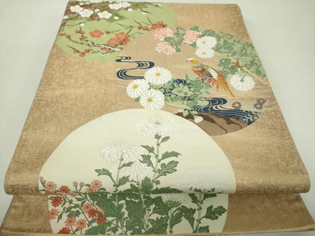 平和屋着物▼西陣　長嶋成織物　ながしま帯　六通柄袋帯　唐織　桃山を偲　紅白梅　休み鳥　金糸　引箔　正絹　逸品　DABL5173ps