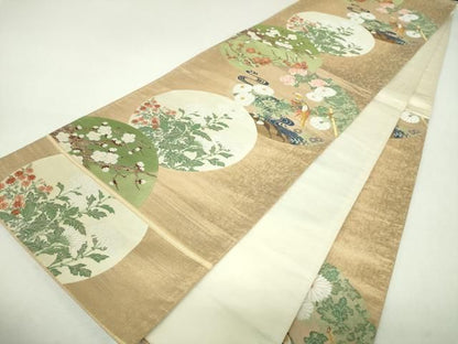 平和屋着物▼西陣　長嶋成織物　ながしま帯　六通柄袋帯　唐織　桃山を偲　紅白梅　休み鳥　金糸　引箔　正絹　逸品　DABL5173ps