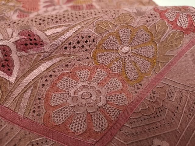 平和屋着物●中国三大刺繍　スワトウ刺繍　汕頭刺繍　相良刺繍　総刺繍　太鼓柄袋帯　紬地　蜀江花鳥文　正絹　逸品　未使用　DABL5263ps