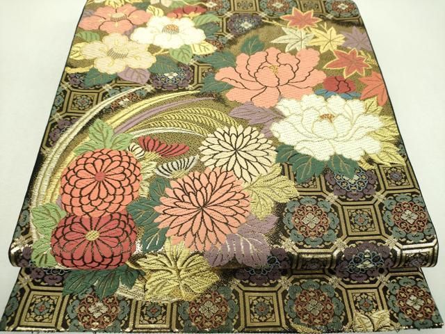 平和屋着物●六通柄　本袋帯　唐織　蜀江花丸文　黒地　金糸　正絹　逸品　DABL5302ps
