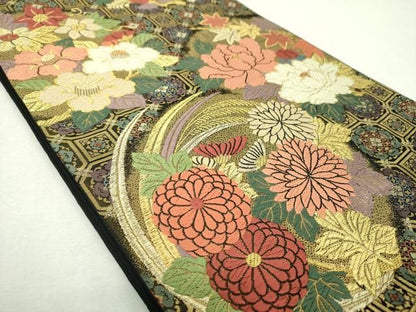 平和屋着物●六通柄　本袋帯　唐織　蜀江花丸文　黒地　金糸　正絹　逸品　DABL5302ps