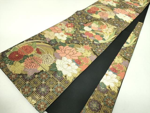 平和屋着物●六通柄　本袋帯　唐織　蜀江花丸文　黒地　金糸　正絹　逸品　DABL5302ps