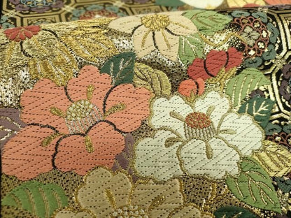 平和屋着物●六通柄　本袋帯　唐織　蜀江花丸文　黒地　金糸　正絹　逸品　DABL5302ps