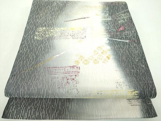 平和屋着物●日本画家　霜鳥忍の世界　両面　全通柄袋帯　名物裂花文　銀通し地　正絹　逸品　DABL5303ps