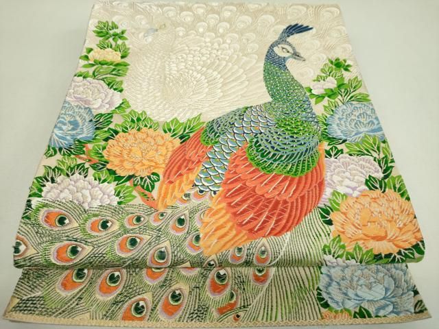 平和屋着物▼六通柄袋帯　唐織　孔雀文　金糸　正絹　逸品　DABL5328ps