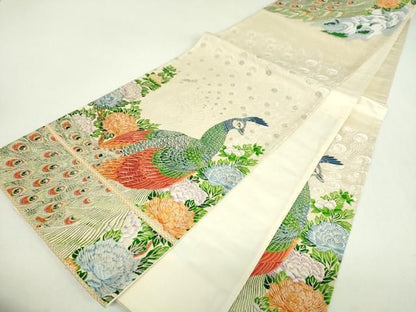 平和屋着物▼六通柄袋帯　唐織　孔雀文　金糸　正絹　逸品　DABL5328ps