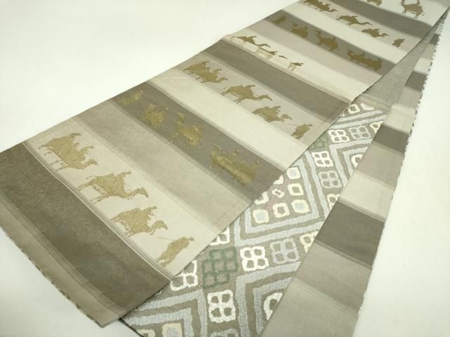 平和屋着物▼両面　六通柄袋帯　花菱文　シルクロード　金銀糸　正絹　逸品　DABL5342ps