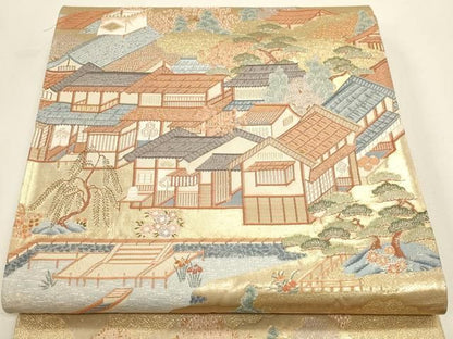 平和屋本店▼六通柄袋帯　洛中絵巻　本金箔　正絹　逸品　DABL7523sf
