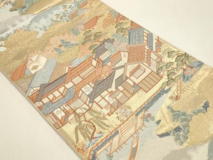 平和屋本店▼六通柄袋帯　洛中絵巻　本金箔　正絹　逸品　DABL7523sf