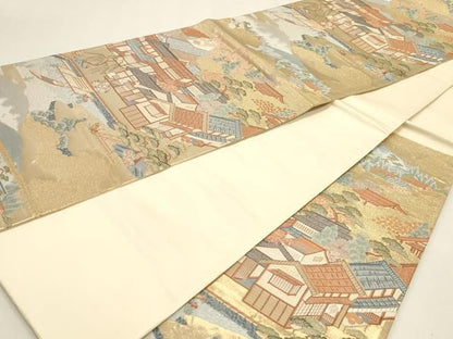 平和屋本店▼六通柄袋帯　洛中絵巻　本金箔　正絹　逸品　DABL7523sf