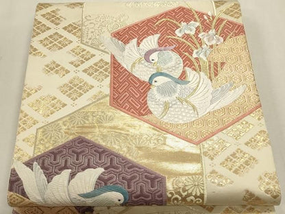 平和屋本店▼六通柄袋帯　唐織　亀甲瑞鳥文　本金箔　正絹　逸品　DABL7534sf