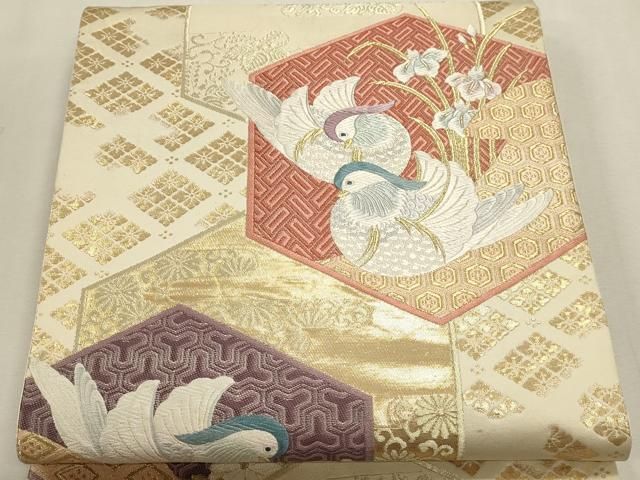 平和屋本店▼六通柄袋帯　唐織　亀甲瑞鳥文　本金箔　正絹　逸品　DABL7534sf