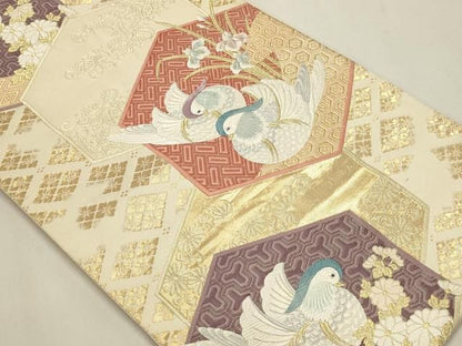 平和屋本店▼六通柄袋帯　唐織　亀甲瑞鳥文　本金箔　正絹　逸品　DABL7534sf