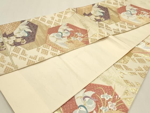 平和屋本店▼六通柄袋帯　唐織　亀甲瑞鳥文　本金箔　正絹　逸品　DABL7534sf