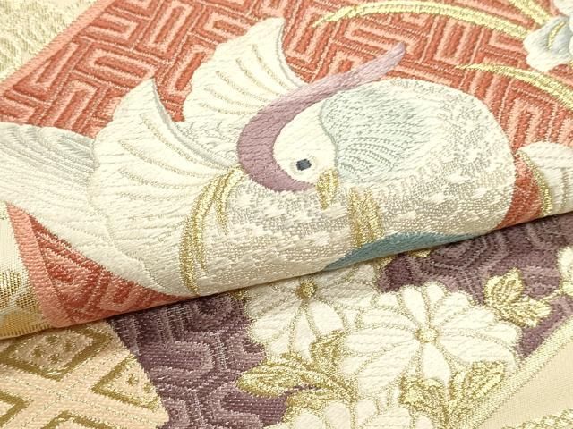 平和屋本店▼六通柄袋帯　唐織　亀甲瑞鳥文　本金箔　正絹　逸品　DABL7534sf