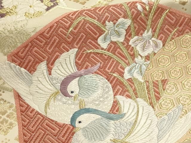 平和屋本店▼六通柄袋帯　唐織　亀甲瑞鳥文　本金箔　正絹　逸品　DABL7534sf