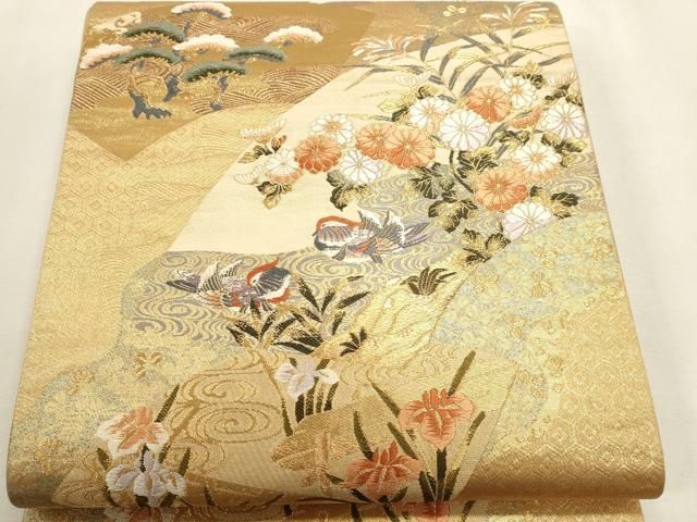 平和屋本店▼六通柄袋帯　唐織　扇面鴛鴦文　本金二重箔　正絹　逸品　DABL7535sf