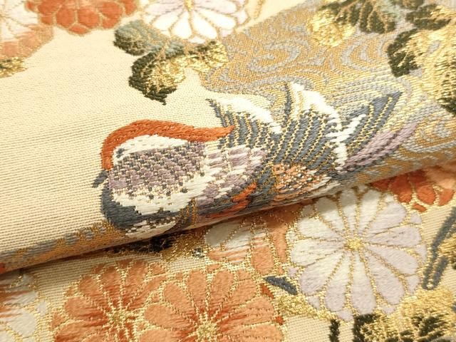 平和屋本店▼六通柄袋帯　唐織　扇面鴛鴦文　本金二重箔　正絹　逸品　DABL7535sf