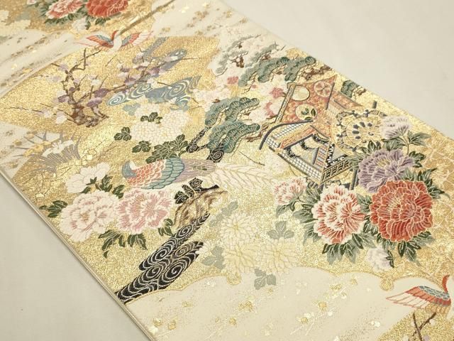 平和屋本店▼六通柄袋帯　唐織　三鳥御所車　九百本金弐重箔　正絹　逸品　DABL7538sf
