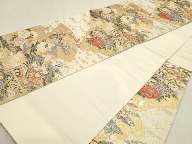 平和屋本店▼六通柄袋帯　唐織　三鳥御所車　九百本金弐重箔　正絹　逸品　DABL7538sf