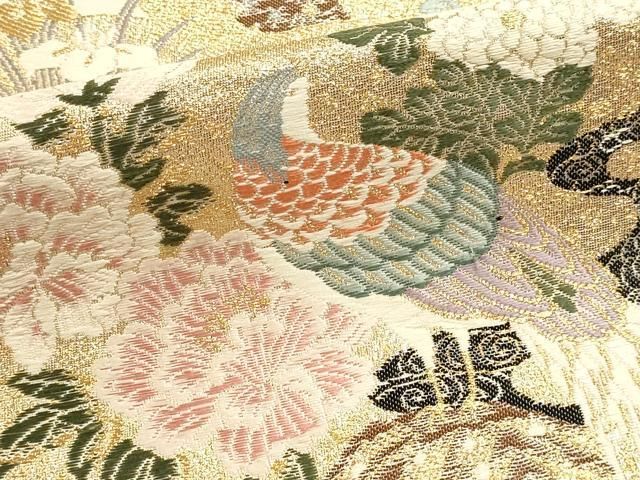 平和屋本店▼六通柄袋帯　唐織　三鳥御所車　九百本金弐重箔　正絹　逸品　DABL7538sf