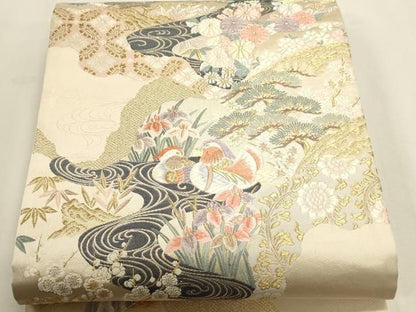 平和屋本店▼六通柄袋帯　唐織　九百錦　遠山花鳥文　弐拾四金箔　正絹　逸品　DABL7541sf