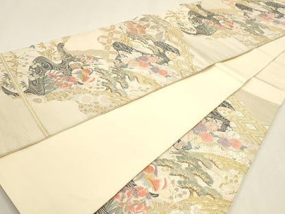 平和屋本店▼六通柄袋帯　唐織　九百錦　遠山花鳥文　弐拾四金箔　正絹　逸品　DABL7541sf