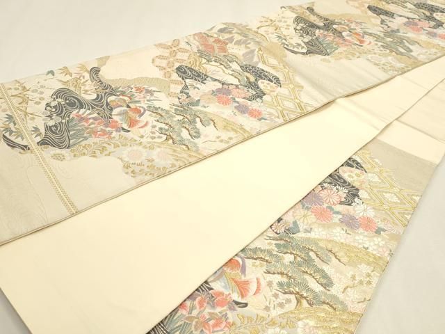 平和屋本店▼六通柄袋帯　唐織　九百錦　遠山花鳥文　弐拾四金箔　正絹　逸品　DABL7541sf