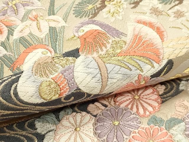 平和屋本店▼六通柄袋帯　唐織　九百錦　遠山花鳥文　弐拾四金箔　正絹　逸品　DABL7541sf