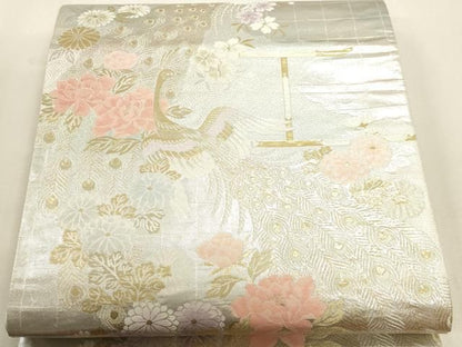 平和屋本店▼六通柄袋帯　孔雀花文　純金二重箔　正絹　逸品　DABL7547sf