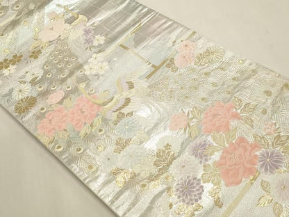平和屋本店▼六通柄袋帯　孔雀花文　純金二重箔　正絹　逸品　DABL7547sf