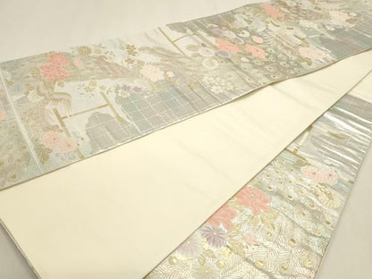 平和屋本店▼六通柄袋帯　孔雀花文　純金二重箔　正絹　逸品　DABL7547sf