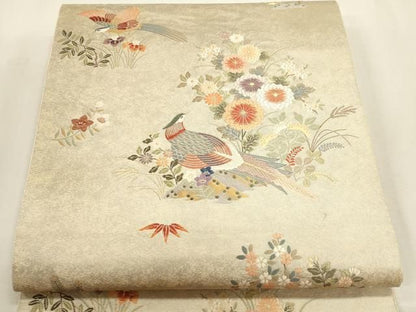 平和屋本店▼六通柄袋帯　花鳥絵巻　本金箔　白金泥箔　正絹　逸品　DABL7549sf