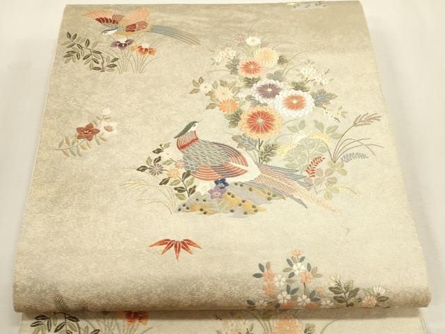平和屋本店▼六通柄袋帯　花鳥絵巻　本金箔　白金泥箔　正絹　逸品　DABL7549sf