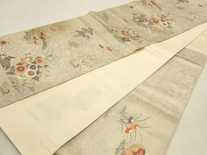 平和屋本店▼六通柄袋帯　花鳥絵巻　本金箔　白金泥箔　正絹　逸品　DABL7549sf