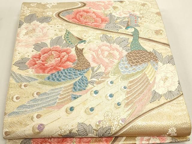 平和屋本店▼六通柄袋帯　唐織　孔雀花文　24Ｋ純金箔錦　正絹　逸品　DABL7563sf