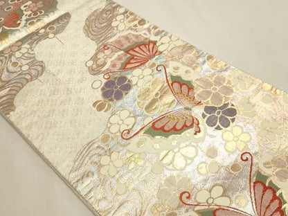 平和屋本店▼佐賀錦　六通柄袋帯　花蝶文　幻彩　純金箔二重織　正絹　逸品　DABL7572sf