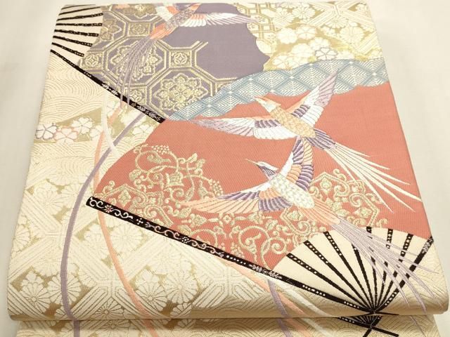 平和屋本店▼六通柄袋帯　唐織　九百錦袋　扇面花鳥文　純金箔　正絹　逸品　DABL7582sf