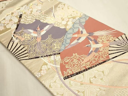 平和屋本店▼六通柄袋帯　唐織　九百錦袋　扇面花鳥文　純金箔　正絹　逸品　DABL7582sf