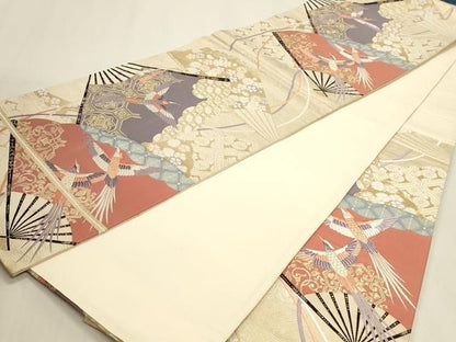 平和屋本店▼六通柄袋帯　唐織　九百錦袋　扇面花鳥文　純金箔　正絹　逸品　DABL7582sf